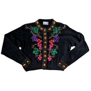Vintage Wool Angora Silk Beaded Sweater Cardigan Women Large Rhinestone Sequin
